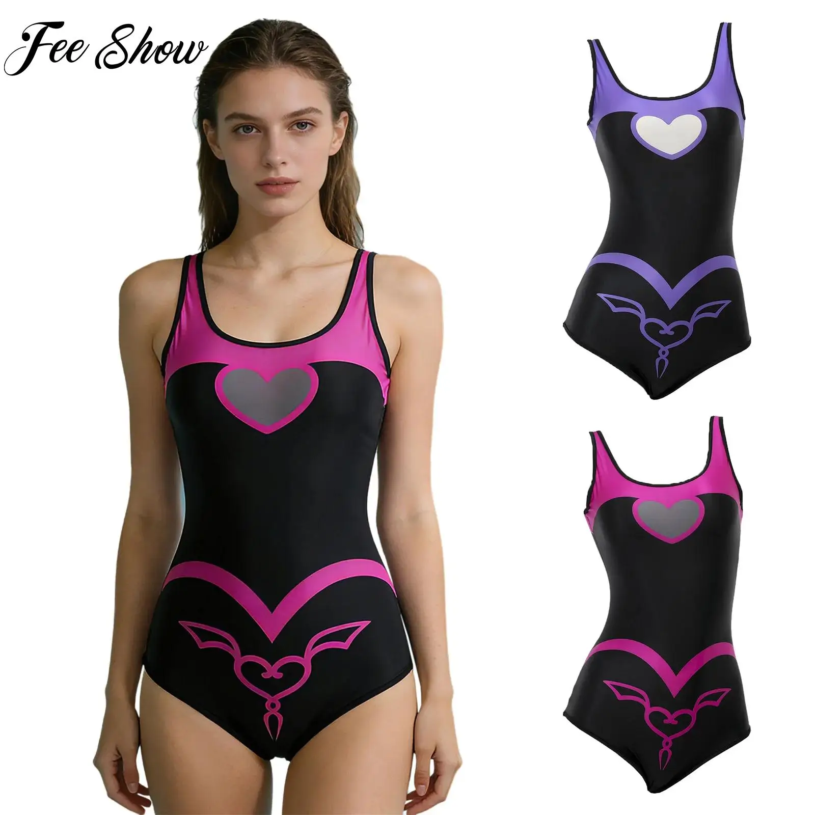 

Women One-Piece Swimsuit Color Block Heart Printed Athletic Leotard U Neck Sleeveless Bathing Suit Training Swimwear