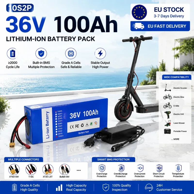 Batterie lithium-ion 10S2P 36V 100Ah avec BMS intelligent, cellules 18650, sortie stable, batterie haute capacité pour scooter électrique, vélo électrique, moto, voiturette de golf, projets DIY, livraison rapide en UE