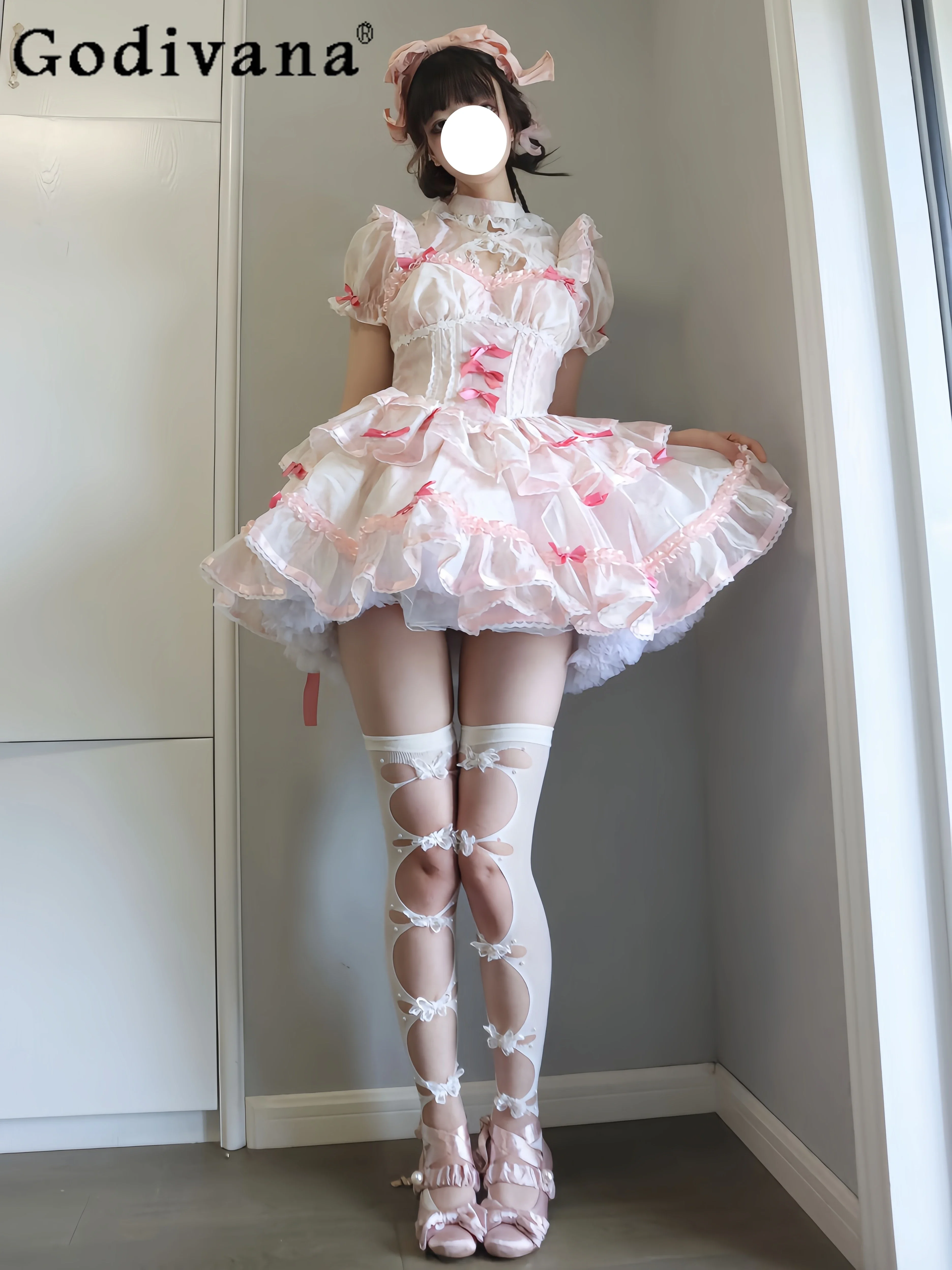 Girly Sweet Y2k Bow Lace Ruffled Edge Lolita Dress Summer Fashion High Waist Slim-Fit Ballet Princess Dresses Women Mini Dress