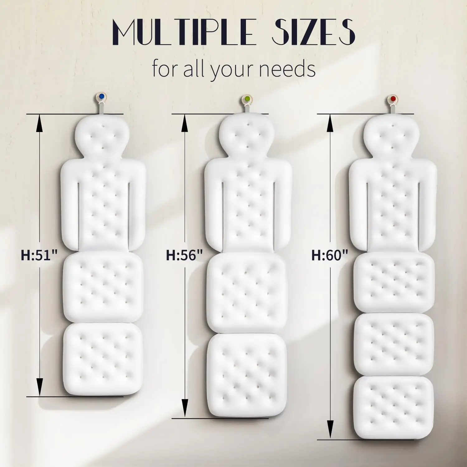 Almofada grossa para banheira de corpo inteiro com ventosas, branca 51 x 16 polegadas para suporte de cabeça, pescoço e costas