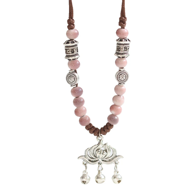 

Kitykiss smoky pink lotus ripples ethnic style Dezhen ceramic necklace ancient porcelain beads lotus pendant sweater chain
