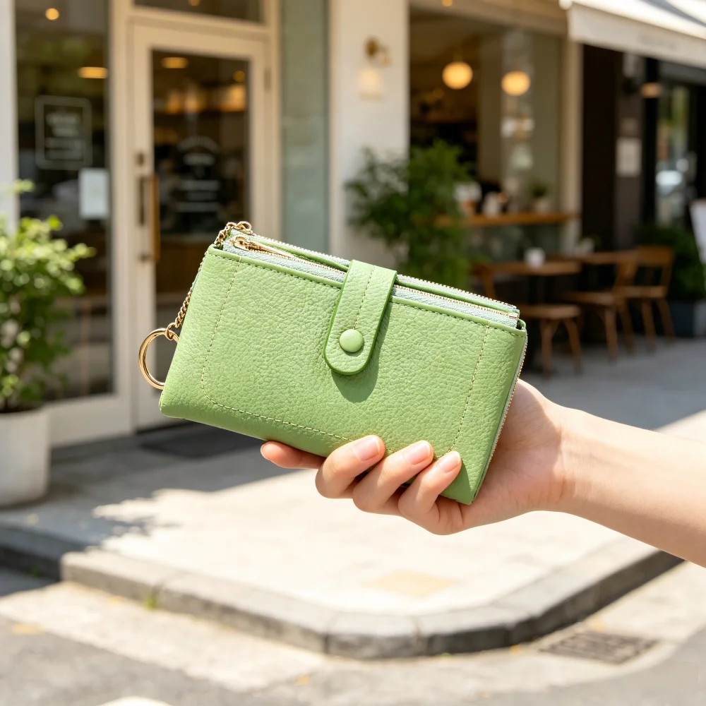 PU leather litchi pattern handheld wallet with multiple coin slots, suitable for daily life organization and commuting