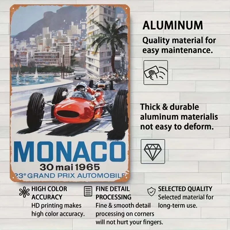 Monaco Grand Prix 1965 Sign Sport Metal Poster House Decor Retro Metal Tin Sign for Wall Decoration Aesthetics Outdoor Decors