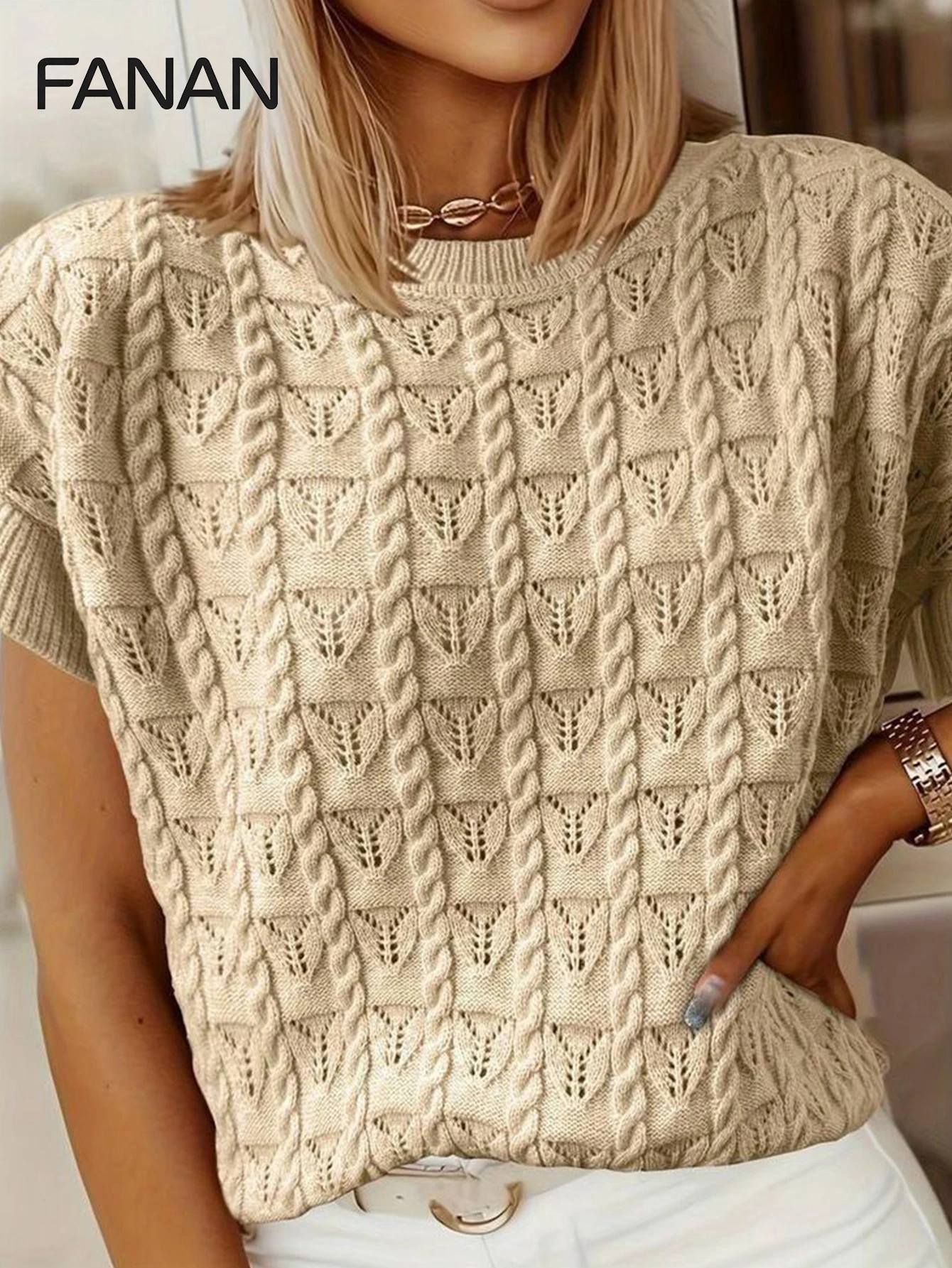 New Autumn/Spring/Summer Women's Pullover Sweater, Apricot-Colored Fitted Round Neck Knit Top, Casual yet Elegant, Versatile for
