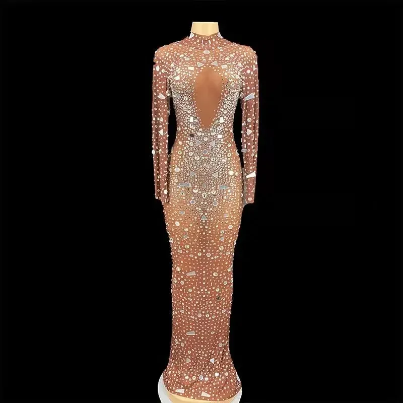 Perfect Women Gift Rhinestone Mirror Transparent Long Dress Evening Birthday Celebrate Costume Women Dancer Prom Dress New Year