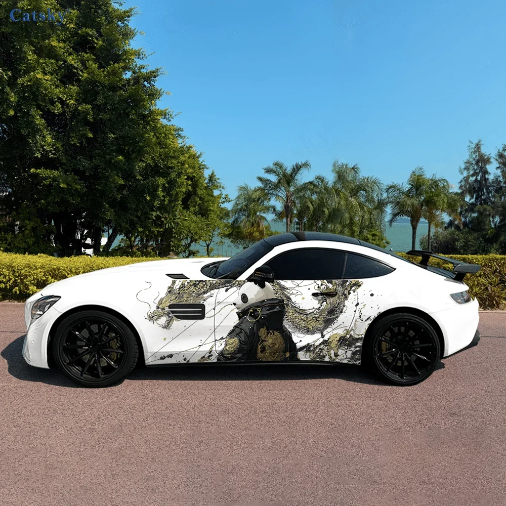 Coat Panda Gold Dragon Car Side Sticker Decoration,PVC Waterproof Scratch Resistant Decal, Car Protection, Auto Accessories Gift