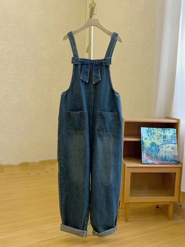 Macacões jeans femininos adorável arco chique primavera estudantes roupas all-match solto estilo coreano moda alta rua verão bolso