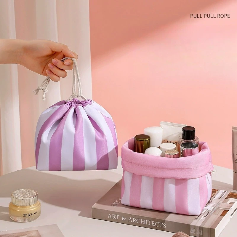 Women Striped Drawstring Makeup Bag, Large Capacity Lazy Cosmetic Storage Pouch for Travel