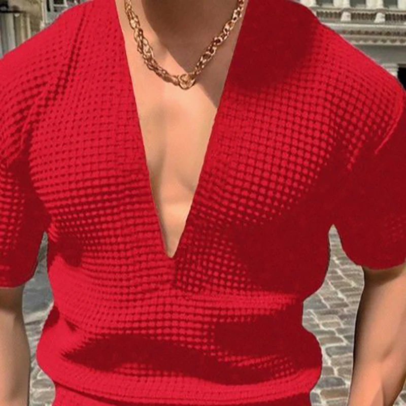 

Men's Plus Size Waffle Knit V-neck Short Sleeve T-shirt Summer Casual Solid Color Streetwear Fashion Layered Outfit 2026 Trend