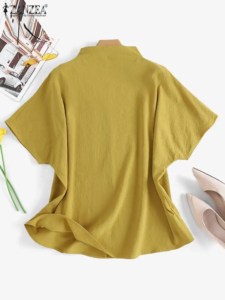 ZANZEA Summer Fashion Turtleneck Half Sleeve Blouse Women Solid Loose Tops Elegant OL Work Shirt Casual Holiday Blusas Tunic