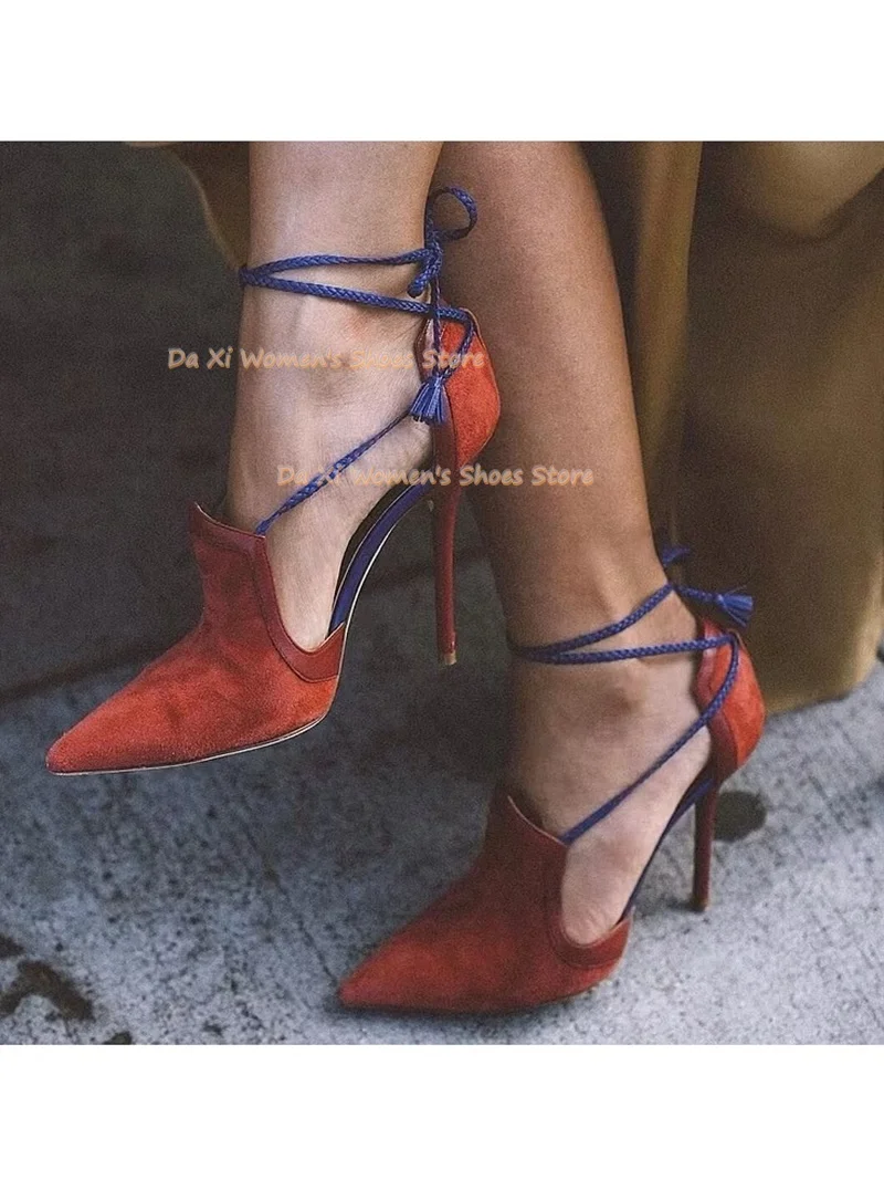Blue And Red Color Blocking Pointed High Heel Pointed Stilettos Ankle Lace Dinner Shoe Shallow Manual Luxurious Women's Shoes view 3