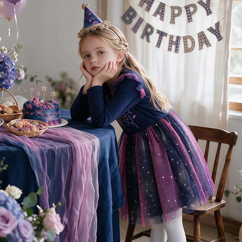 Mädchen Galaxy Stern Schmetterling Druck Langarm Tüll Prinzessinnen-Partykleid Kleinkinder Herbst Frühling Farbverlauf Ombre Marineblau Outfits – Detail 5