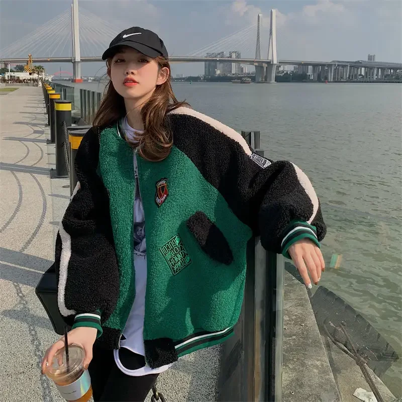 

2023 Loose Large Size Baseball Clothes Ins Students Korean Streetwear Y2k Hip Hop Women's Zipper Jacket Kpop Green Top