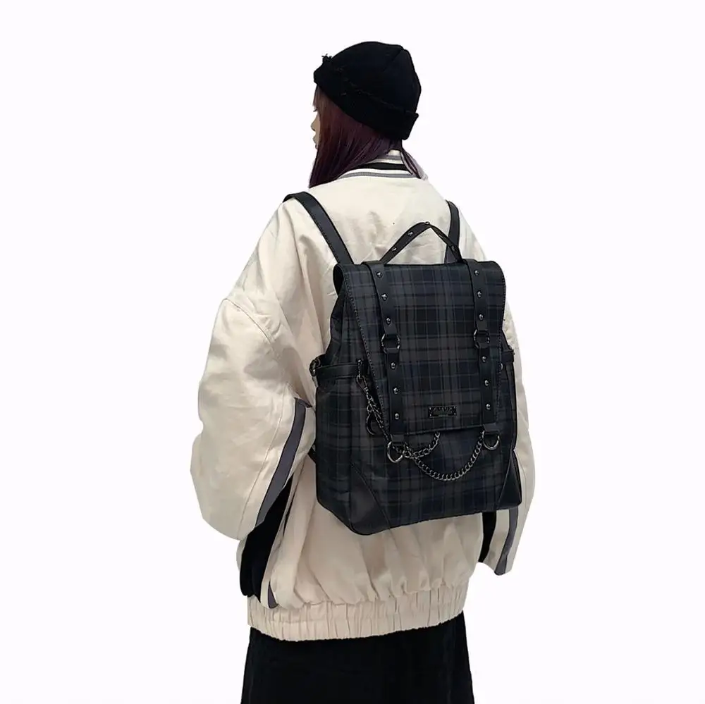 2025 New Gothic Punk Rock Checked Casual All-match Bags Chain Backpack Niche Vintage Y2k Backpacks