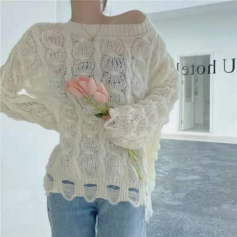 

Simple Autumn Loose Twist Hole Women Sweater Blue Hollow Knitted Pullover Casual Long Sleeve Tops O-neck Sweet Jumper Tops 2024