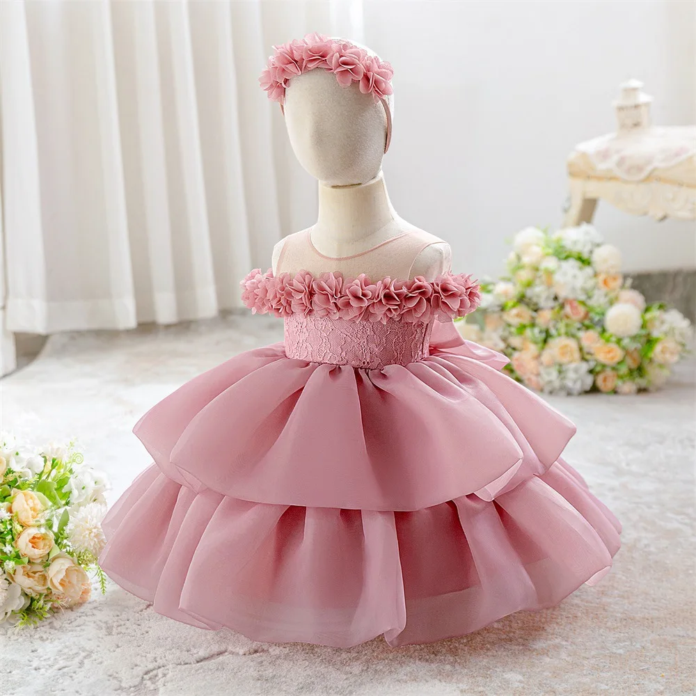 New Layered Girl Princess Dress with Headband Baby Girls' Party Dresses Puffy Kid 1st Birthday Clothing