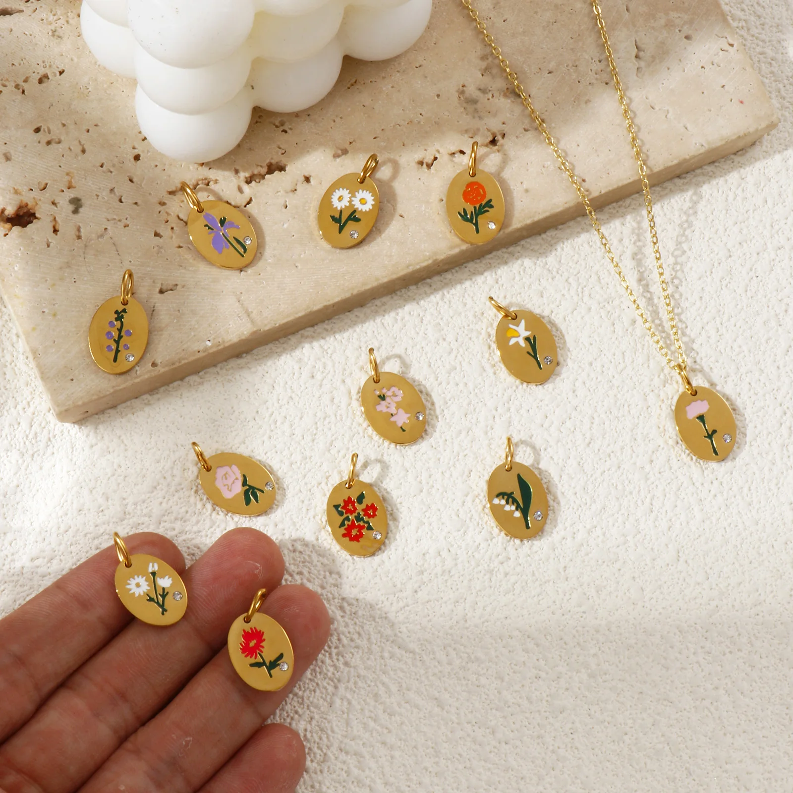 1 Piece 304 Stainless Steel Birth Month Flower Charms Enamel Oval Flower Clear Cubic Zirconia Pendants DIY Necklace 20mm x 11mm