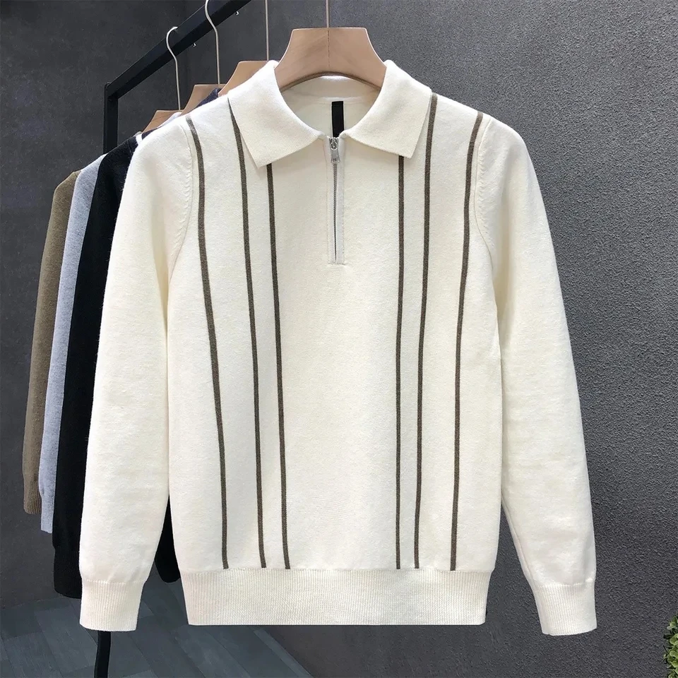 

2025 Autumn Winter New Men Half Zipper Turn Down Collar Striped Sweater Versatile Warm Base Layer Top