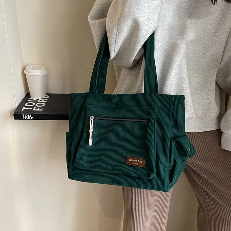 

Simple Corduroy Tote Bag Solid Color Shoulder Bag Retro Multi Pockets Handbag For School Work Shopping