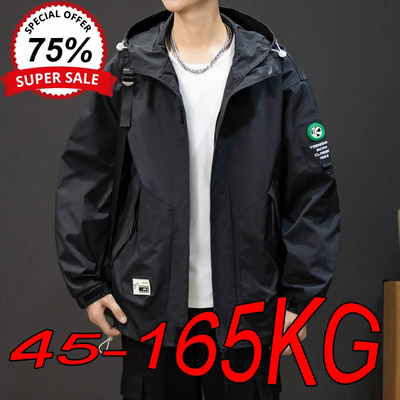 Jaket Hoodie ukuran besar pria, jaket Windbreaker ritsleting ukuran besar tahan angin dan tahan air luar ruangan longgar M-9XL musim gugur untuk pria