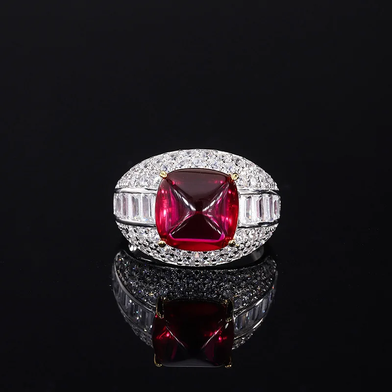 S925 Silver Colored Treasure Pigeon Blood Red Treasure Sugar Tower Full Set Ring Main Stone 10 * 10 Jewelry