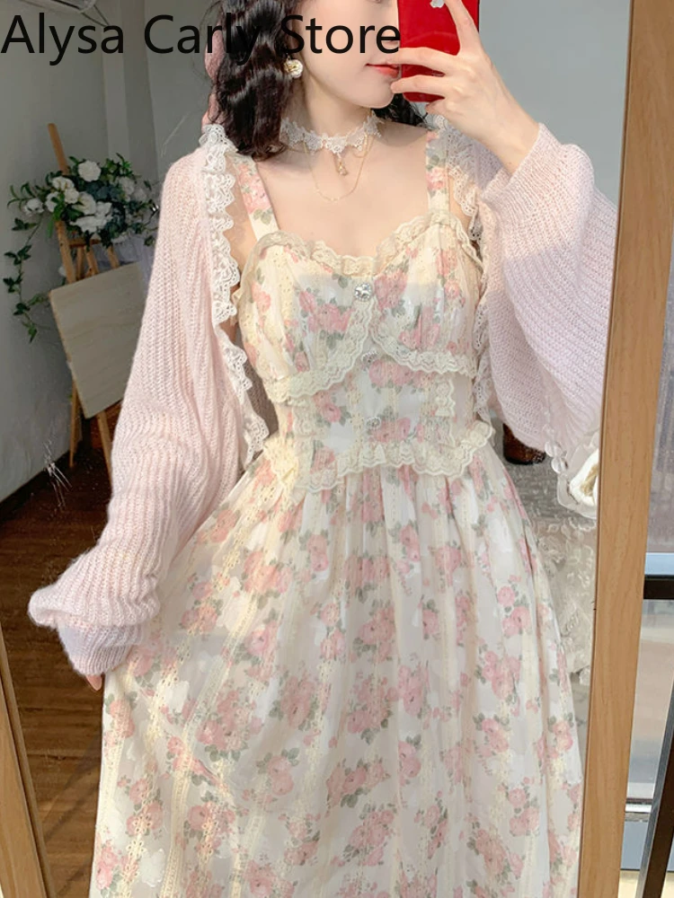 Chiffon Lace Strap Dress Women Floral Embroidery Fairy Vintage Long Dress Female Sweet Princess Casual Party Dresses 2022 Summer