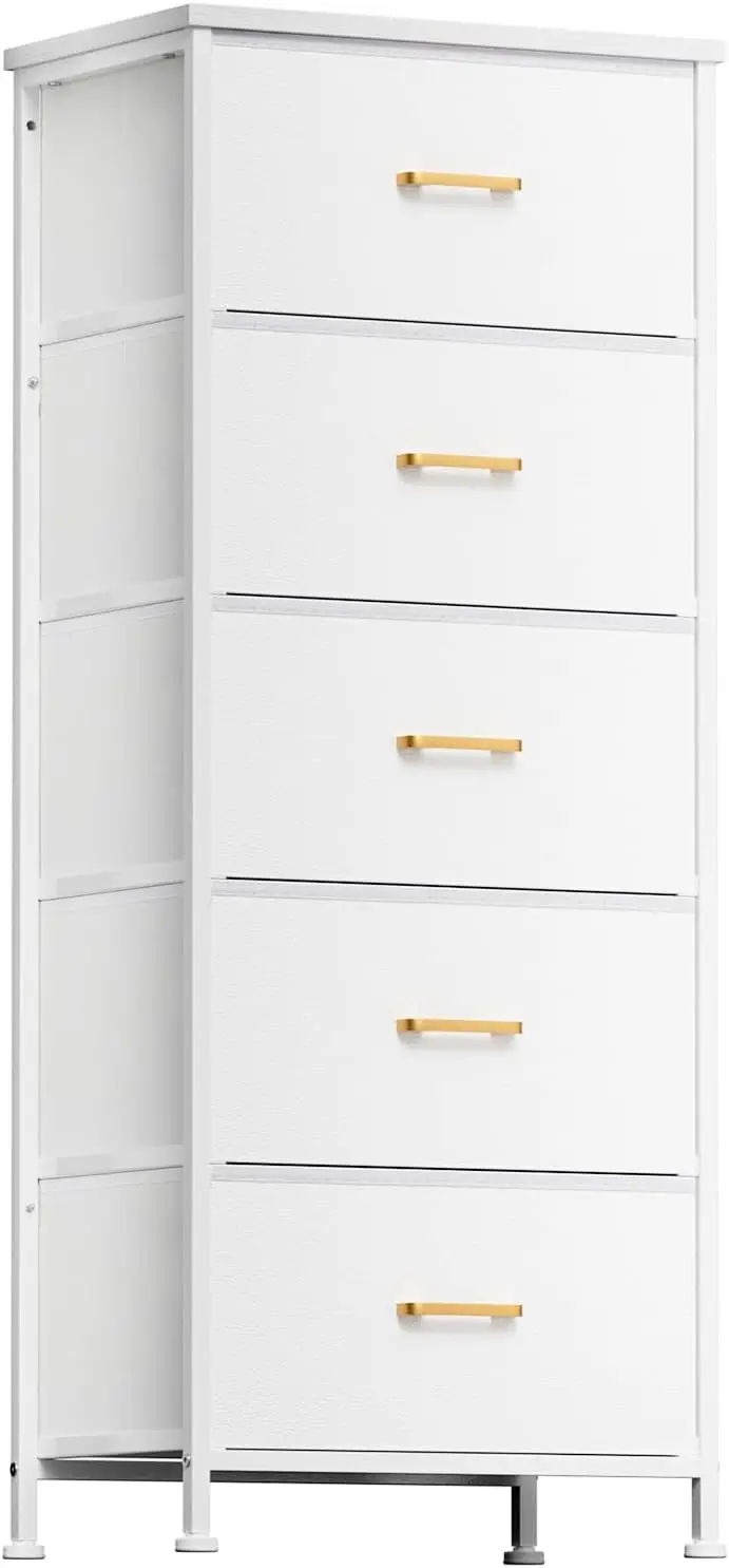 Tall Dresser with 5 Drawers,White Dresser for Bedroom, Tall Storage Tower for Closet,Nursery, Dorm, Dresser Organizer with Frame