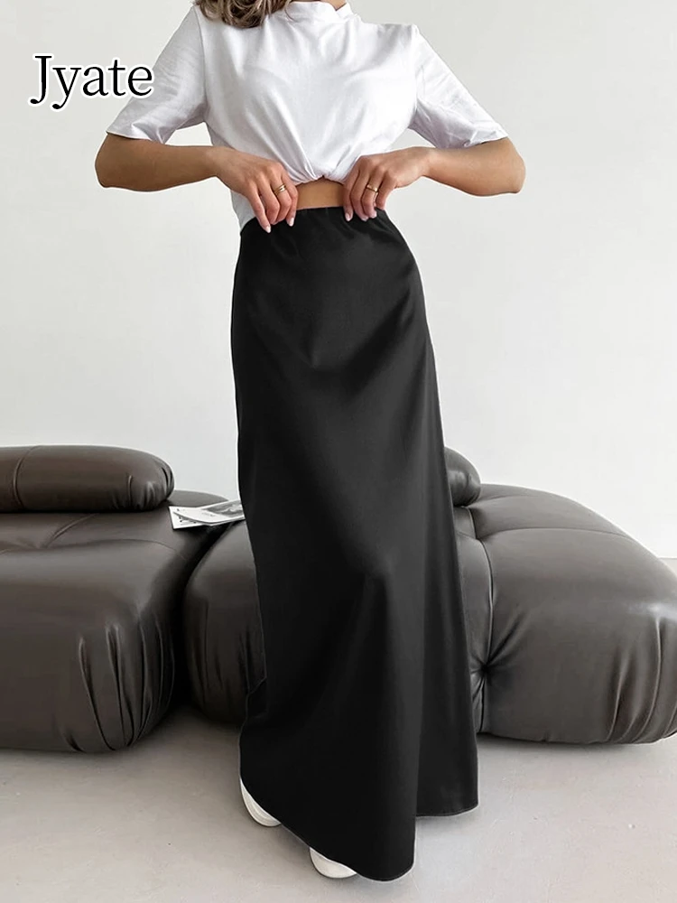 

Jyate Black Satin Long Skirts Women Summer 2024 High Waist Casual Floor-Length Skirts Office Ladies Flowing Casual A-Line Jupe