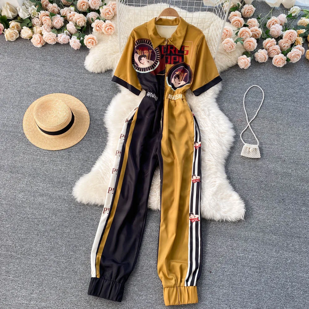 Designer Runway Jumpsuit Women Spring Summer High Street Green Short Sleeve Rompers Jumpsuits Vintage Splice Print Pants NZ68