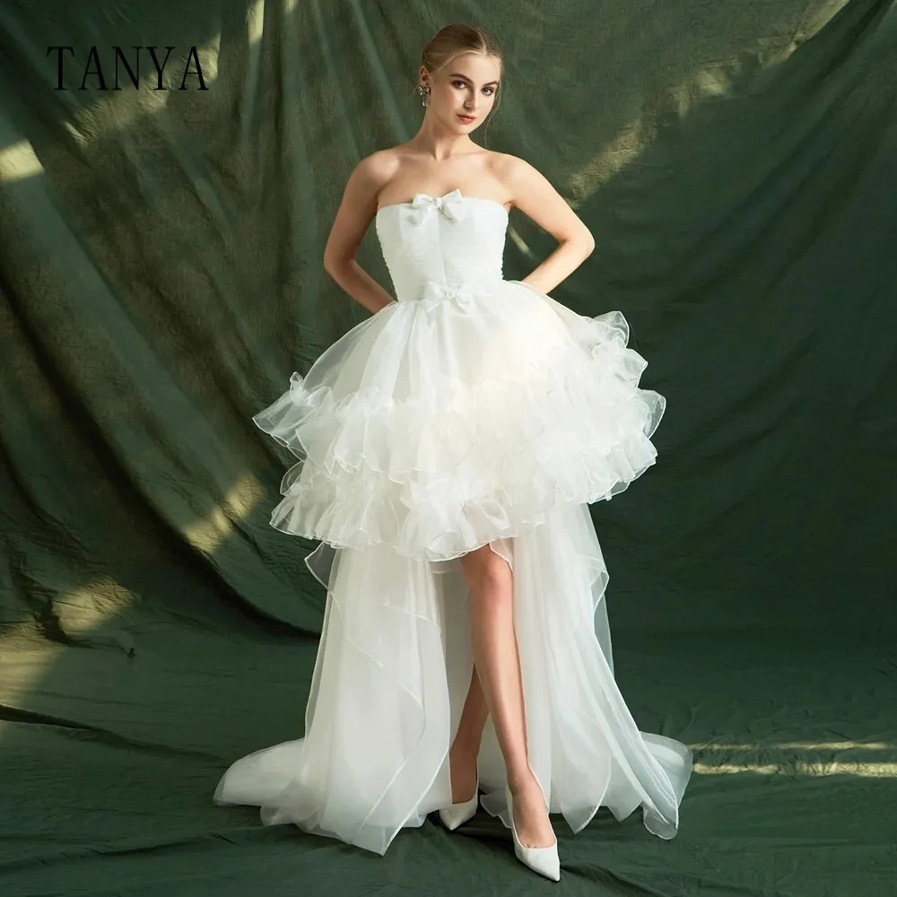 Fashion High Low Wedding Dress With Detachable Tail Strapless Sleeveless Sweep Train Bridal Dress Simple Organza Bridal Gown