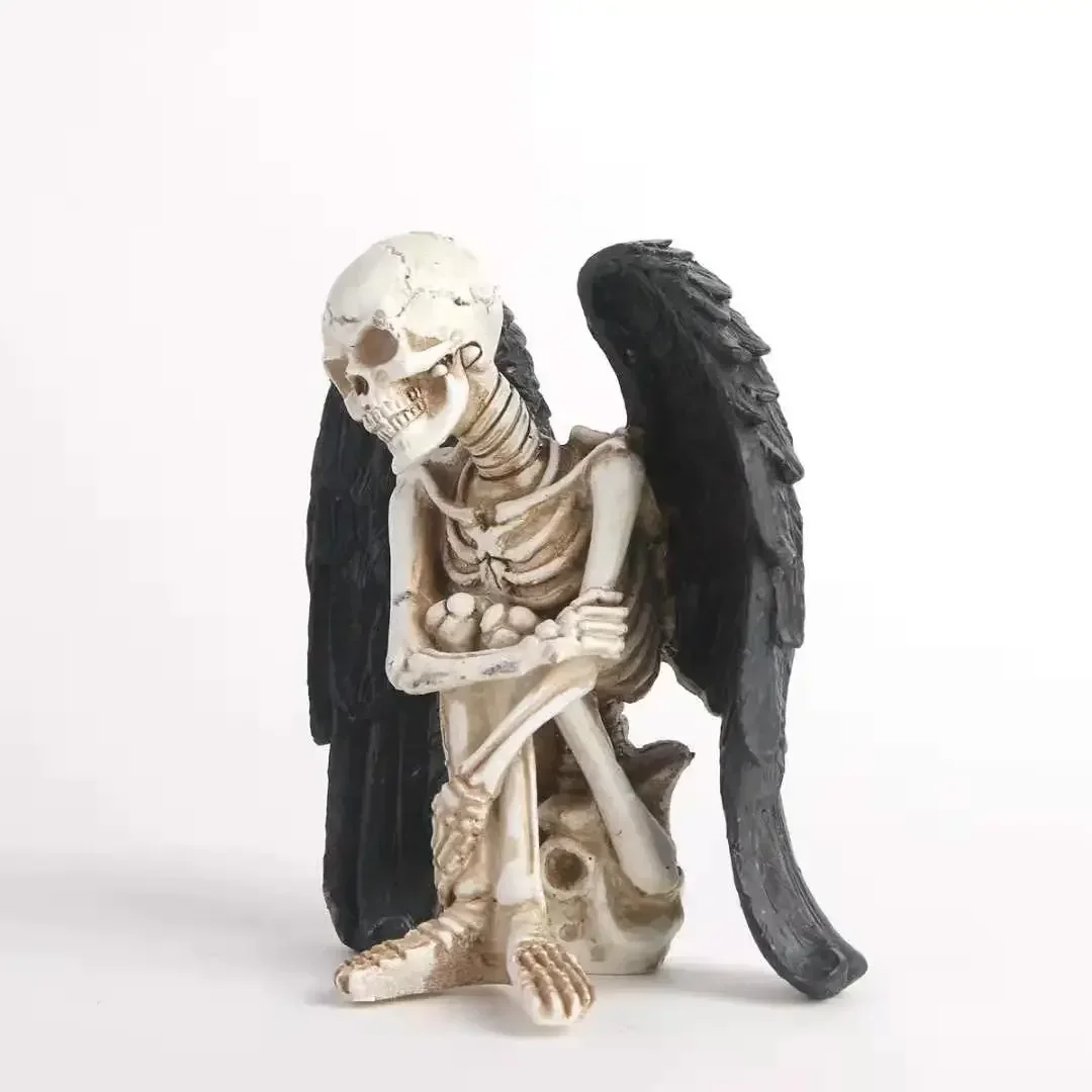 Resin Skeletons Statue Skull Collectible Figurine with Black Angle Wings Resin Figures Decoration for Home Shelves Porch Yard
