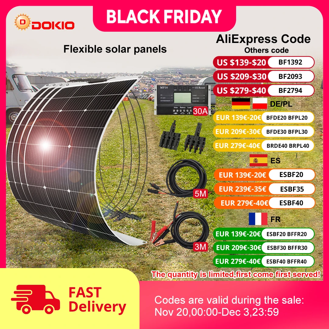 DOKIO 18V 400W Panel Solar Flexible (juegos) para coche/hogar/Camping impermeable monocristalino Solar China carga batería de 12V