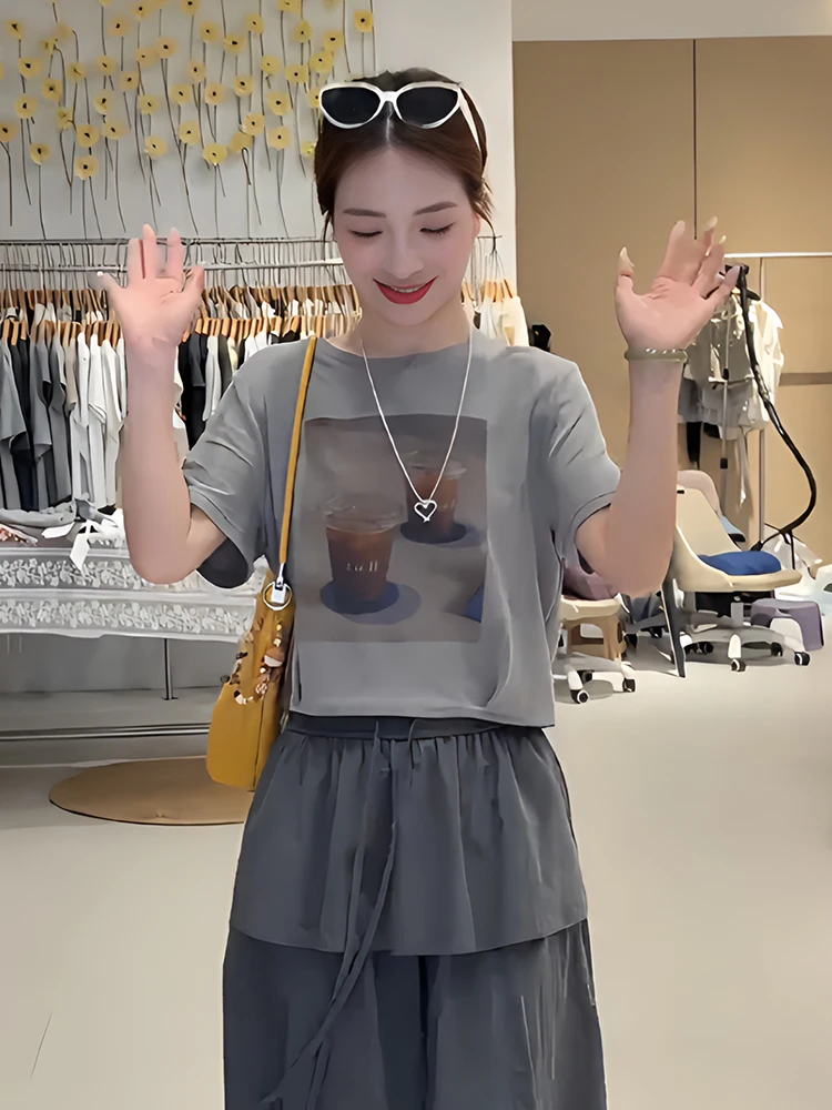Gray Retro Print Shoulder T-Shirt Women's Summer New Design Back Strap Short Style Korean Loose Fit Breathable round Neck Top