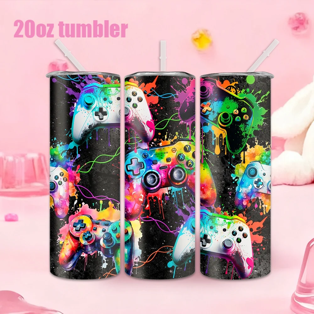 1pc Stainless Steel Water Bottle/Tumbler with Straw – Colorful Game Controller Graffiti Pattern (20oz / 591ml)