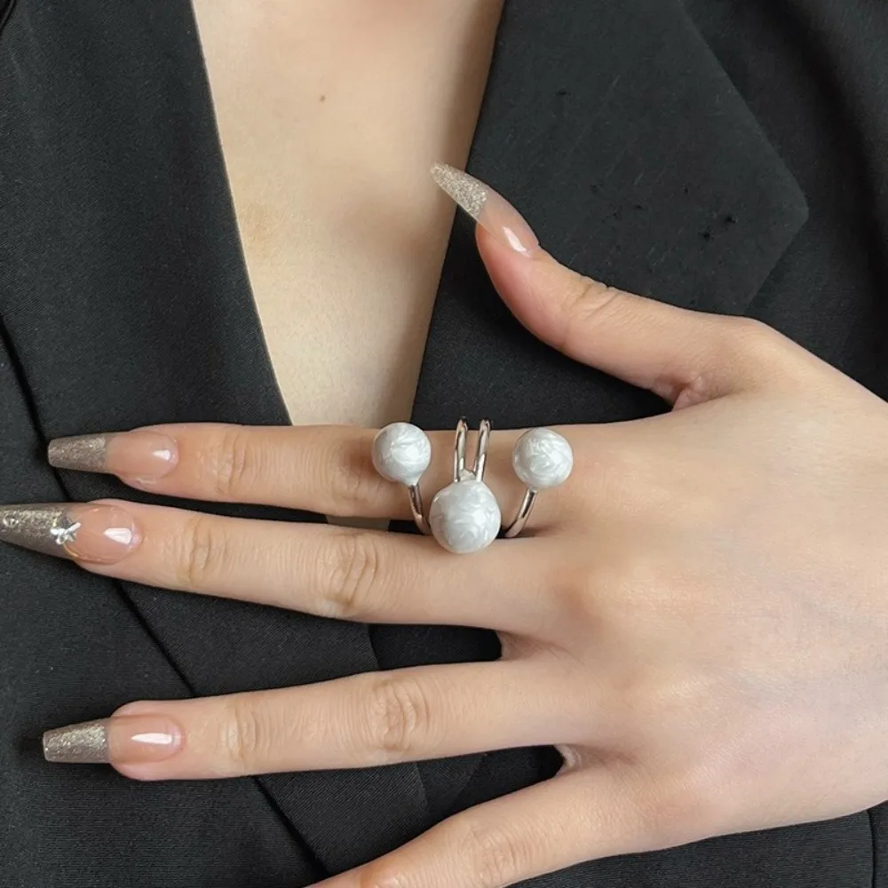 Vintage Imitation Pearl Planet Rings Opening Adjustable Chocolate Color Open Ring Elegant Minimalist Exaggerated Ring