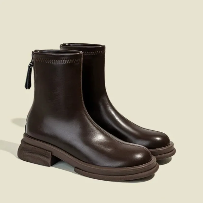 Botines franceses para mujer, nueva colección otoño-invierno 2026, con suela gruesa, forro de terciopelo, elásticos y de cuero fino.