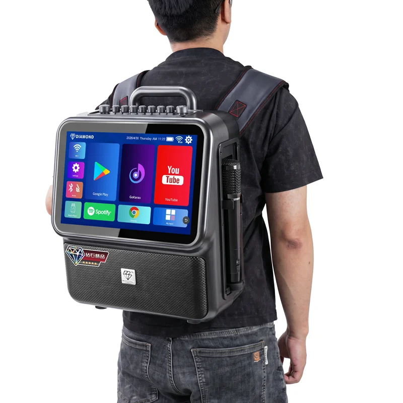 Portable Android Karaoke Machine With Touch Screen, Wireless Microphone Shoulder Strap, Outdoor Garden Party KTV Speaker System