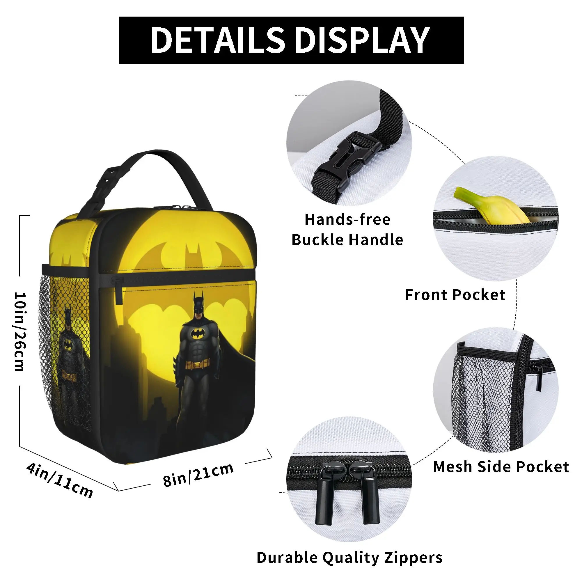 Batmans Insulated Lunch Bag Large Black Bat Silhouette Meal Container Thermal Bag Tote Lunch Box College  Outdoor Food Handbags view 5