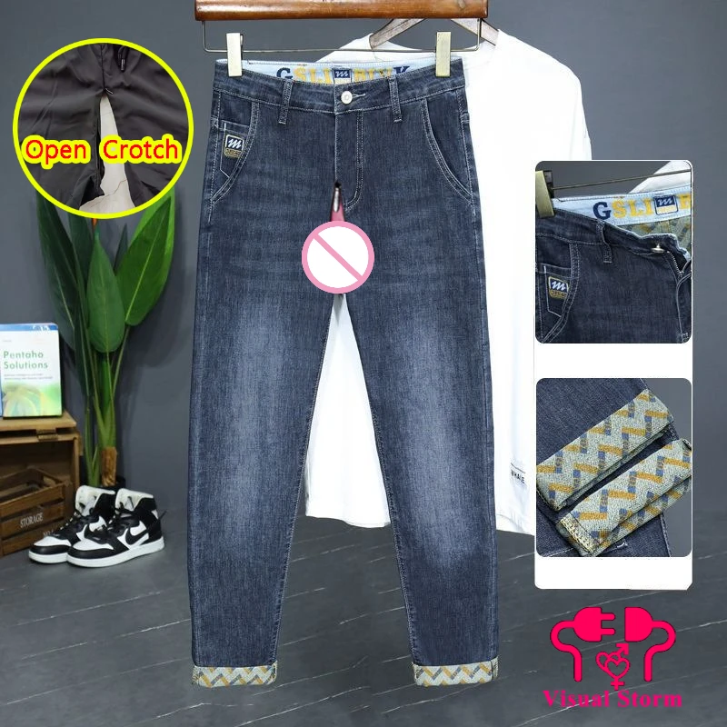 Man Heavy Open Crotch Pants with Hidden Zippers Erotic Fashion Crotchless Trousers Jeans Outdoor Active Costume Gay Fashion