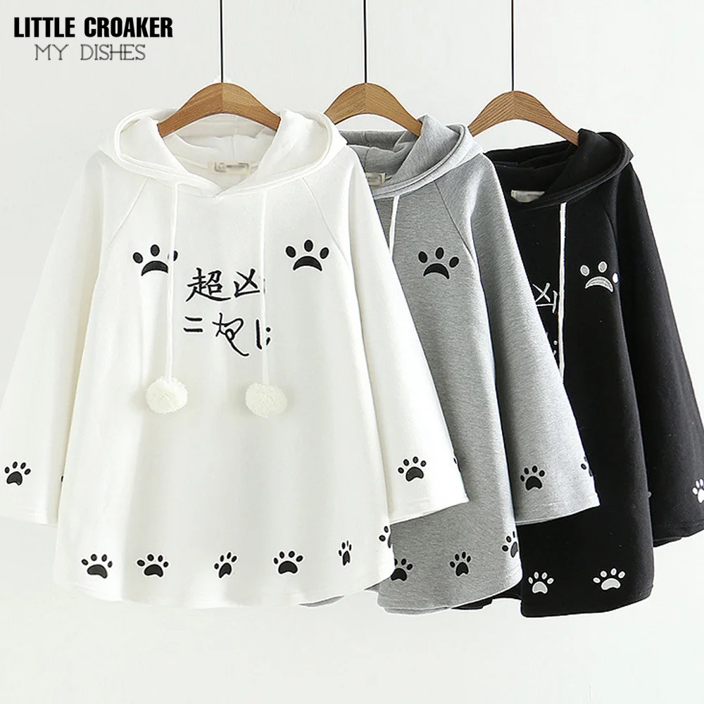 Moda Kawaii ucho kota Poncho z kapturem kobiety japoński śliczne łapy dziewczyny luźny pulower Harajuku płaszcz z polaru luźna peleryna z kapturem płaszcz