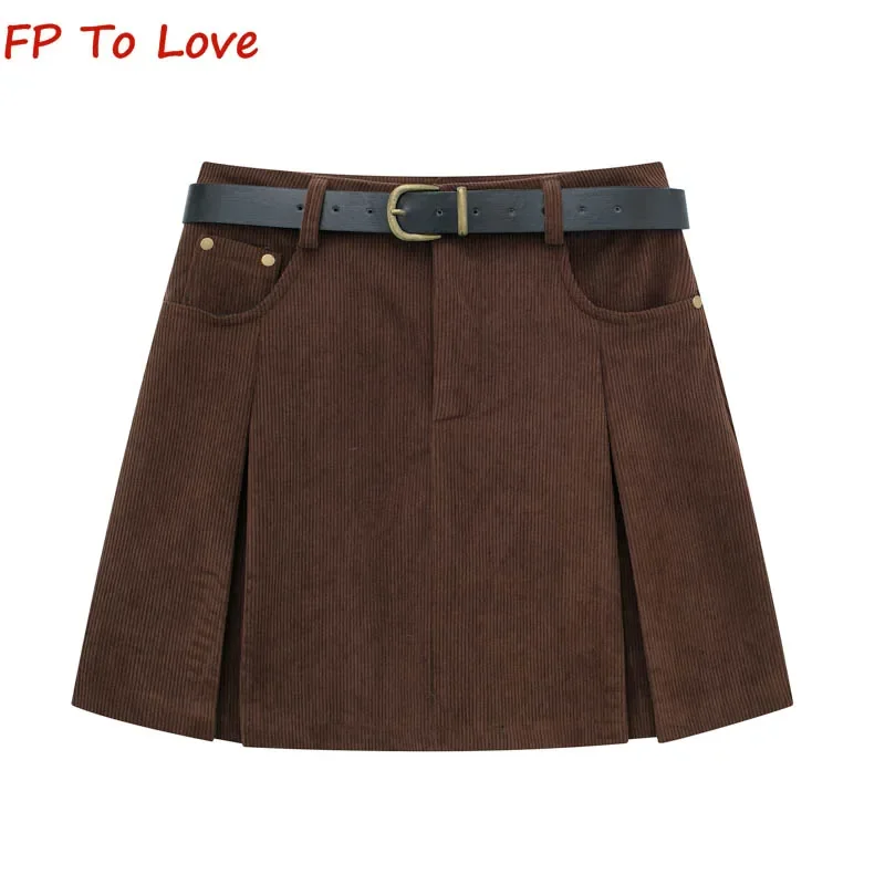 

Y2K Autumn Winter Spice Girls Corduroy Pleated Mini Skirt Belt Trimmed Vintage High Waist A-Line Short Skirt