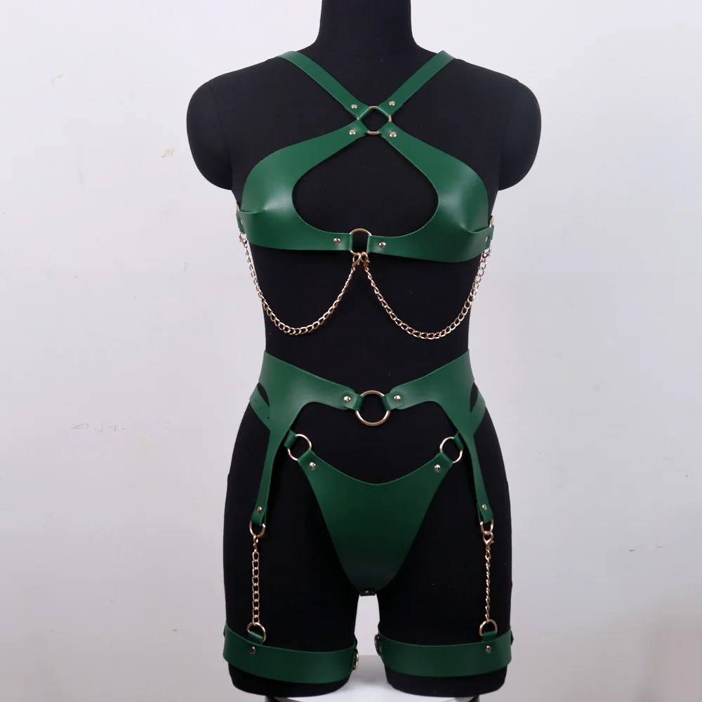 CEA Sexy Dark Green Full Body Chain Harness Bra Sexy Leather Lingerie Bondage Suspenders For Women Fetish Wear Garter Stocking