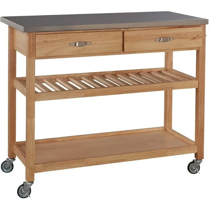 Advanced natural designer practical kitchen cart, stainless steel top, two practical drawers, optional wine cooler, brown
