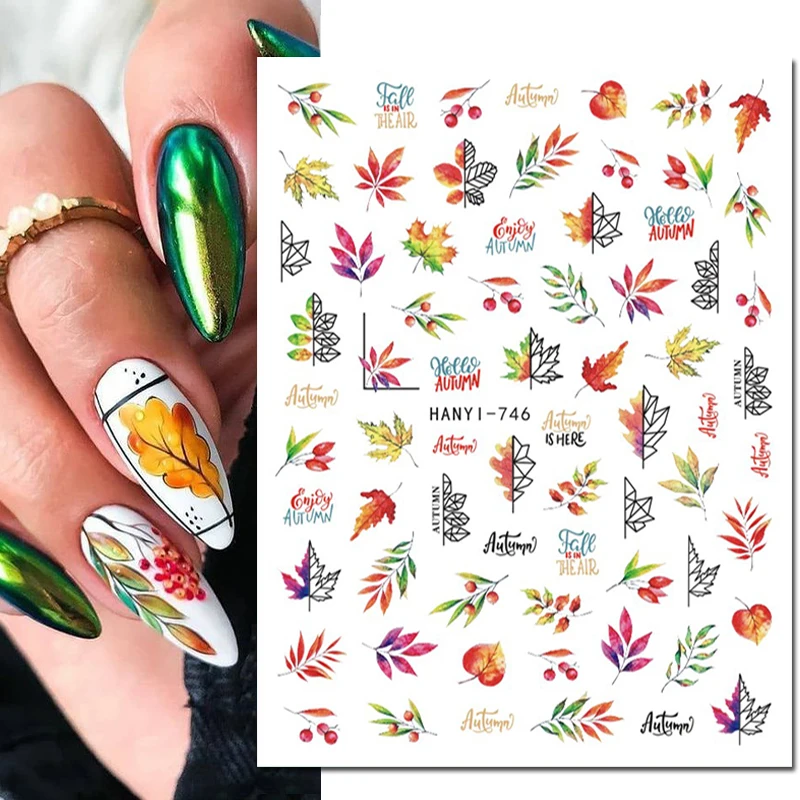 3d Nail Art Decals Winter Xmas Geometric Line Maple Leaves Fruit Flower Adhesive Sliders Nail Stickers For Nail Tips Decoration