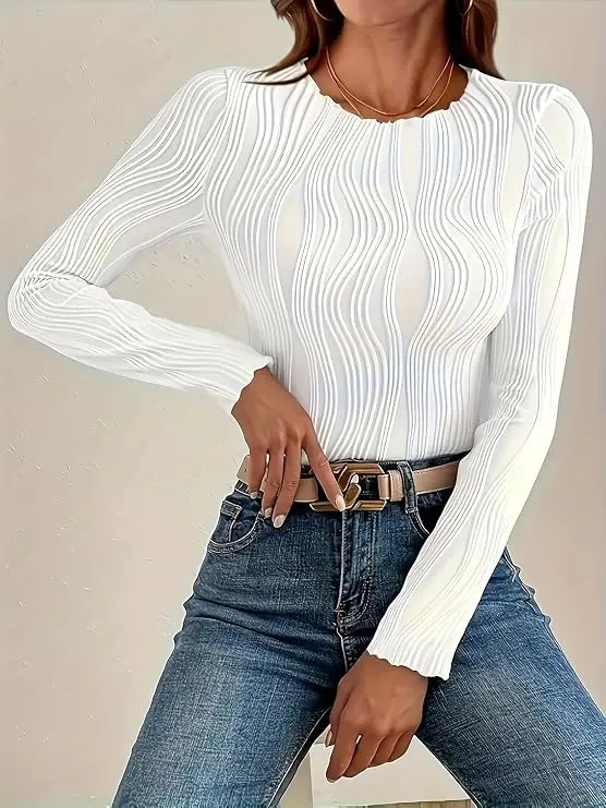 Only 1 left Women's Long-Sleeved Round Neck Fitted top, White Wavy Textured Ribbed Neckline, Casual and Versatile Fitted Knit