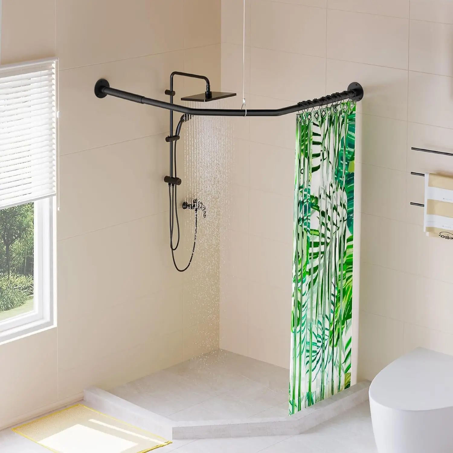 

Adjustable Diamond Shower Curtain Rod with Hooks, Fits Corners 22.5-35.4 Inches, Easy Installation for Bathroom