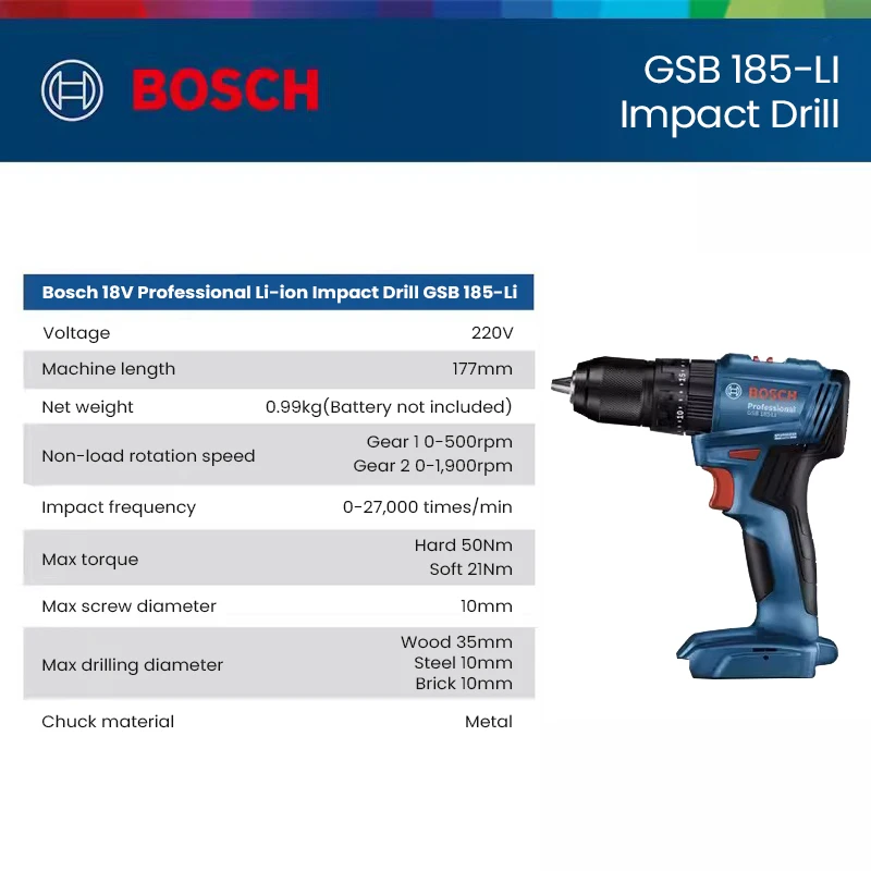 Bosch GSB 185 LI Brushless Cordless Impact Drill Rechargeable Electric Screwdriver Power Tool GSB185 Hand Electric Impact Drill