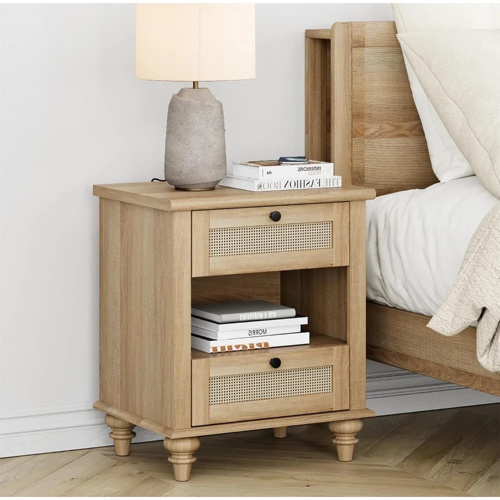 طاولة نهاية من الروطان لمحطة الشحن لغرفة المعيشة، طاولة جانبية للأريكة مدمجة مع أدراج تخزين ورف، ليلة خشبية ريفية