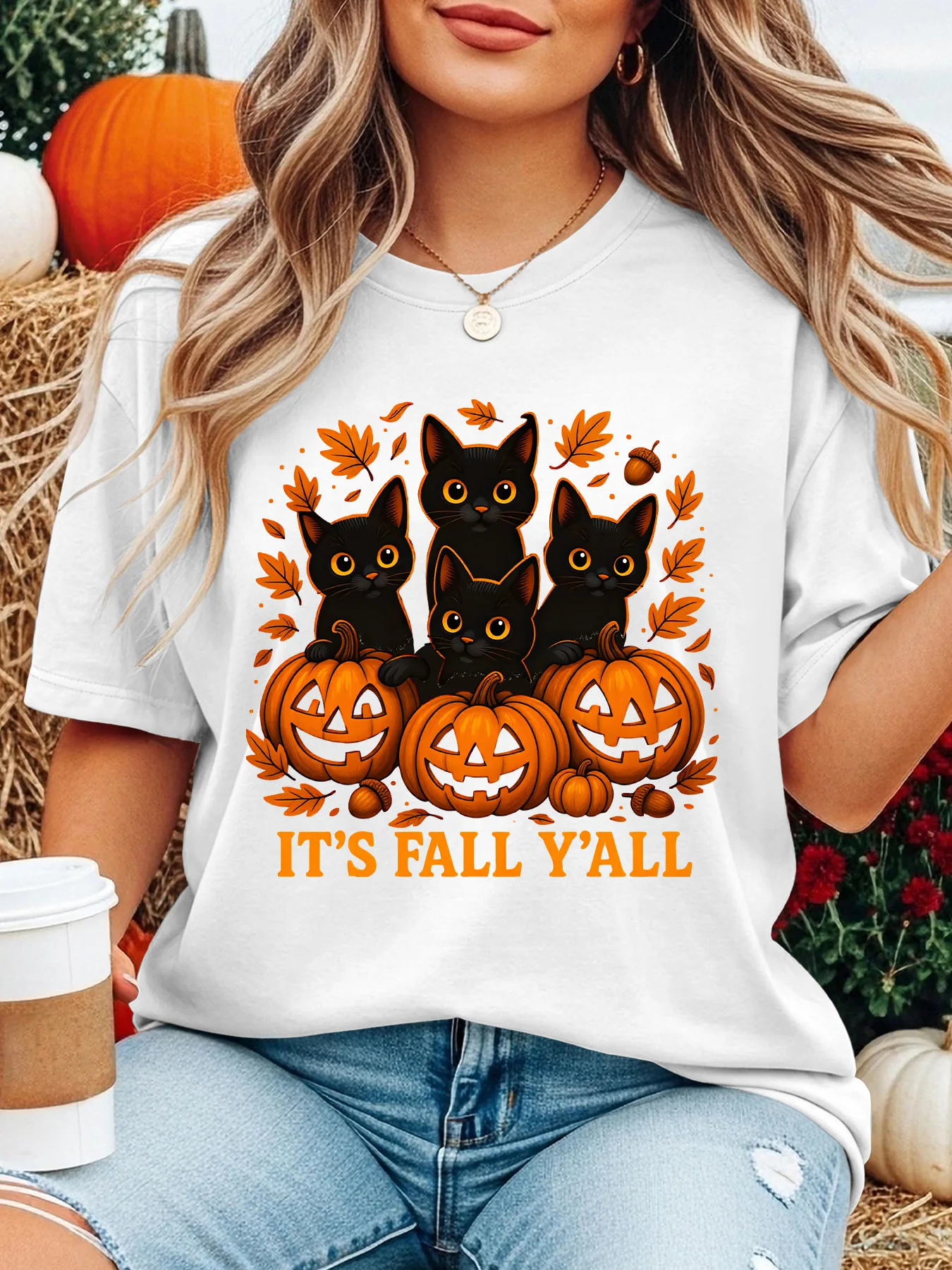 Women Crew Neck Tee It's Fall Y'all Black Cats Pumpkin Graphic Print Short Sleeve Loose Ladies Cotton Plus Size Casual Top