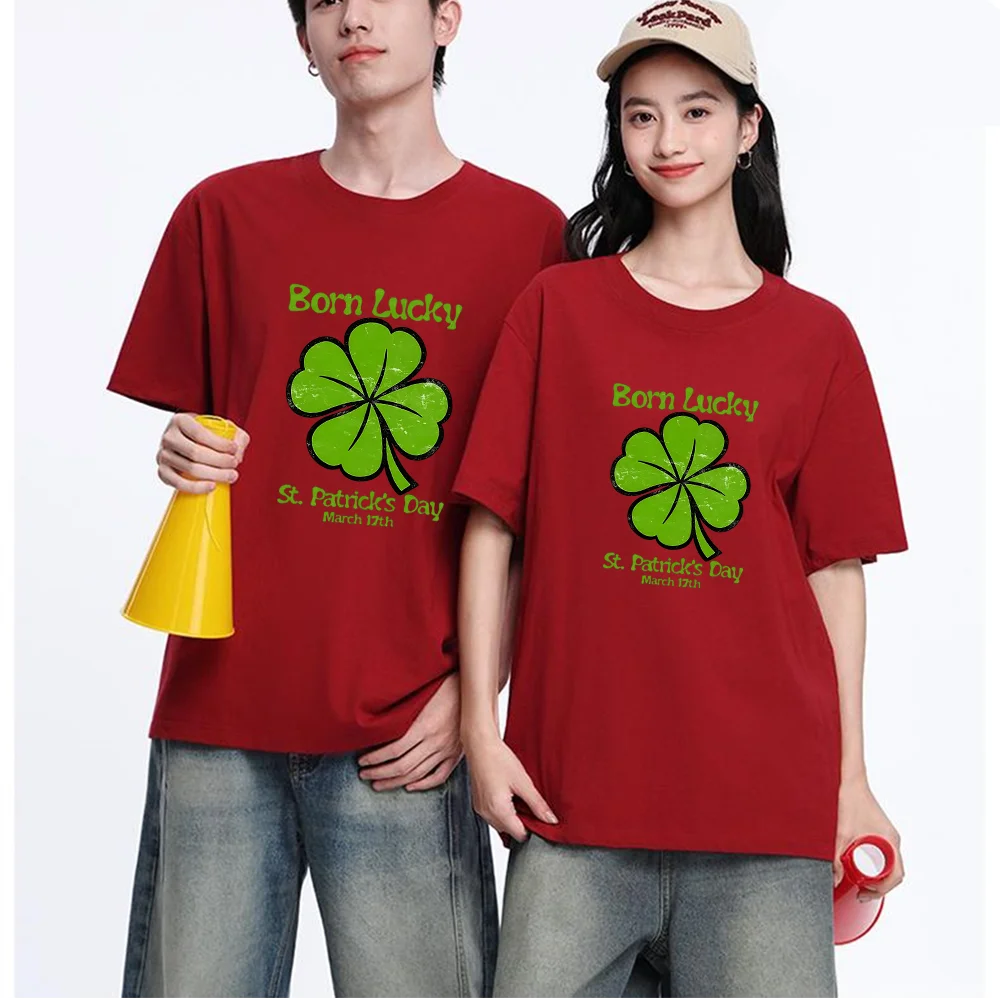 Four Leaf Clover Born Lucky St. Patrick's Day Printed T Shirt Breathable Fabric S-XXL Personalized Custom Casual Short Sleeve Te